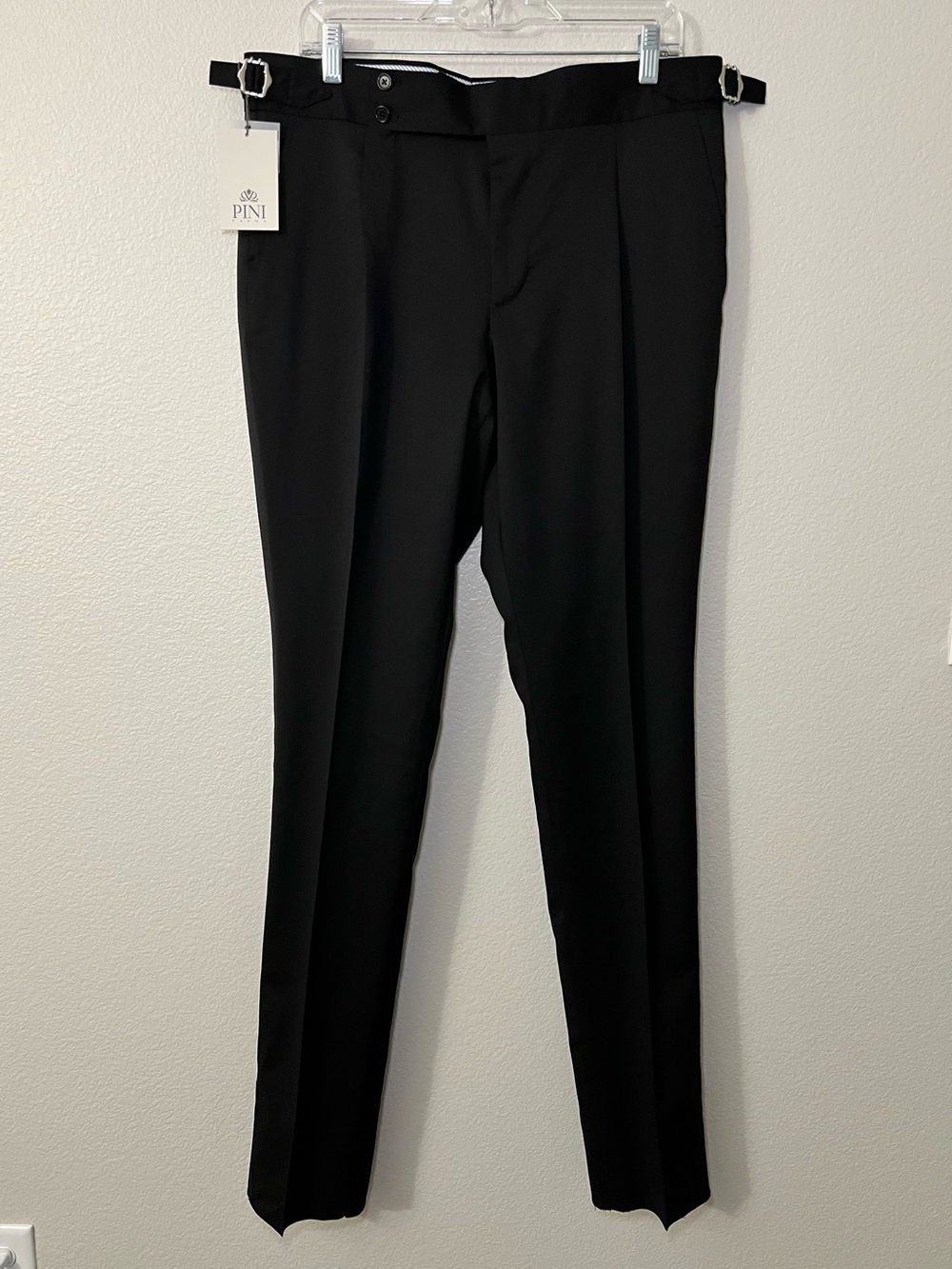 Pini Parma Soragna Tuxedo Trousers Black Side Adjusters Satin Stripe Size 50 NWT